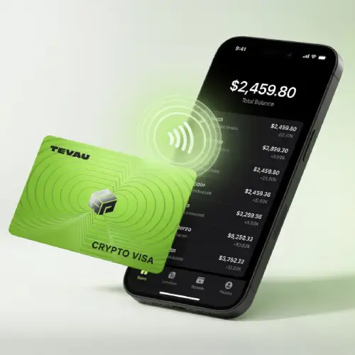 Tevau card next to a phone paying contactlessly — Apple Pay and Google Pay