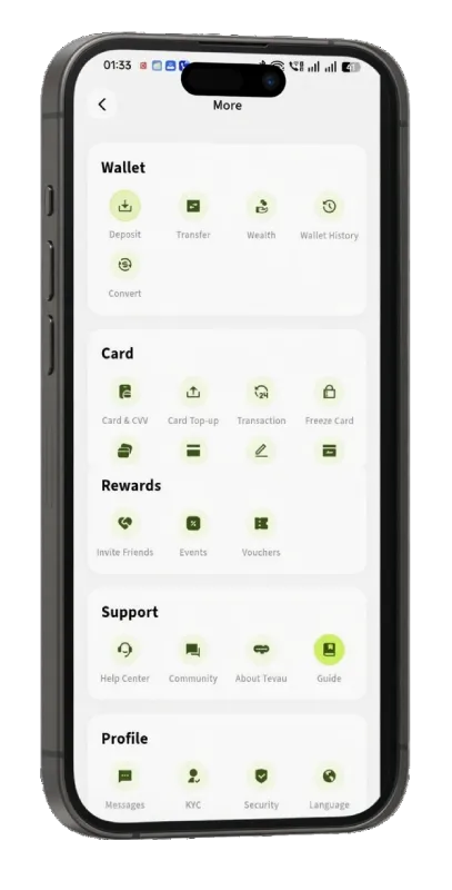 Aplikasi Tevau Lebih banyak ciri menu yang teratur