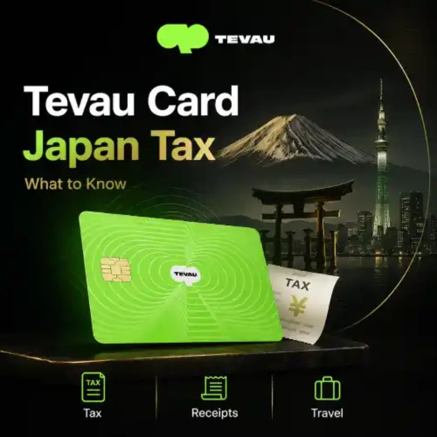 Thẻ Tevau và thuế Nhật Bản: một chiếc thẻ Tevau màu xanh lá cây bên cạnh biên lai thuế bằng yên Nhật, phía sau là núi Fuji và đường chân trời Tokyo.
