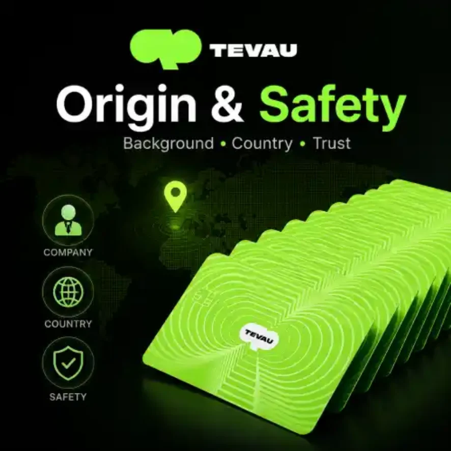 Nguồn gốc và sự an toàn của công ty Tevau: một chồng thẻ Tevau màu xanh lá cây với các biểu tượng về công ty, quốc gia và an toàn trên bản đồ thế giới.