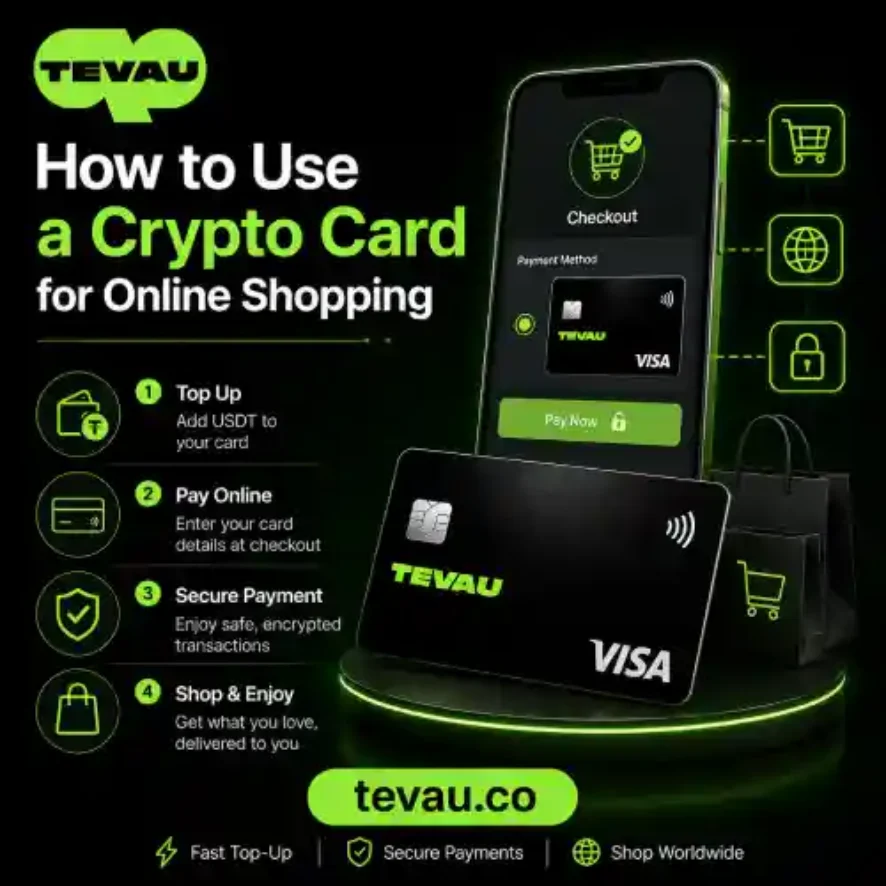 Bốn bước đơn giản để mua sắm trực tuyến với thẻ tiền điện tử Tevau: nạp tiền USDT, nhập thông tin thẻ khi thanh toán, thanh toán an toàn và nhận đơn hàng của bạn.