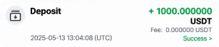 Tevau app record: Deposit +1000 USDT, no fee, success