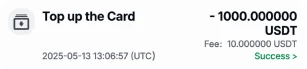 Tevau app record: Top up the Card −1000 USDT, 1% fee, success