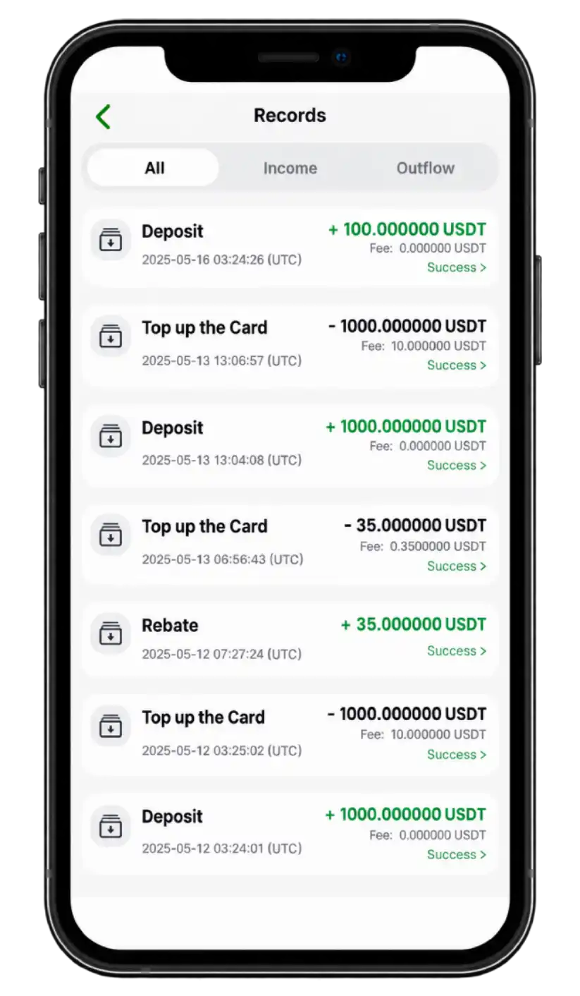 Tevau app Records screen listing USDT deposits and card top-ups